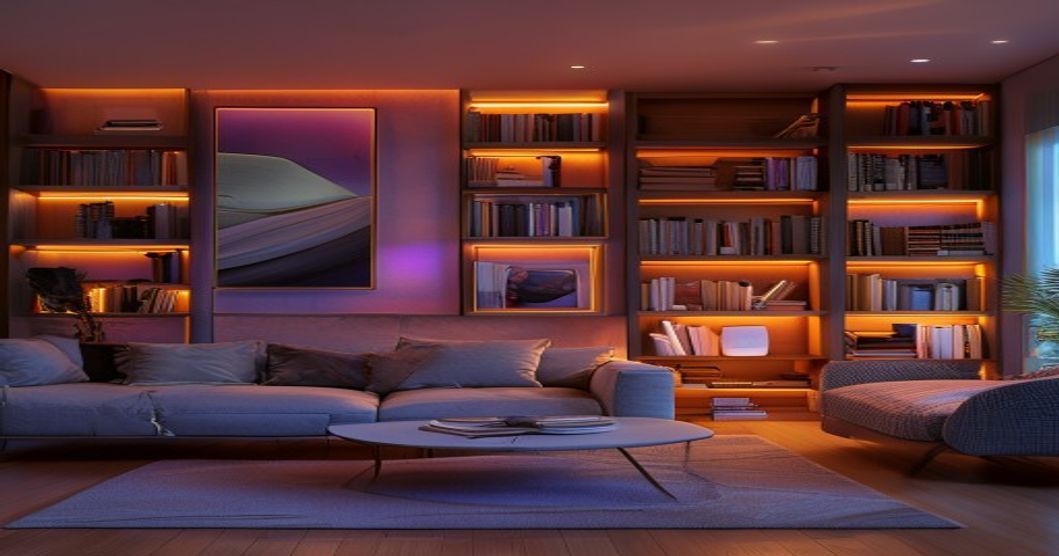 Modern living room with layered smart bulb lighting creating warm and cool tones throughout the space
