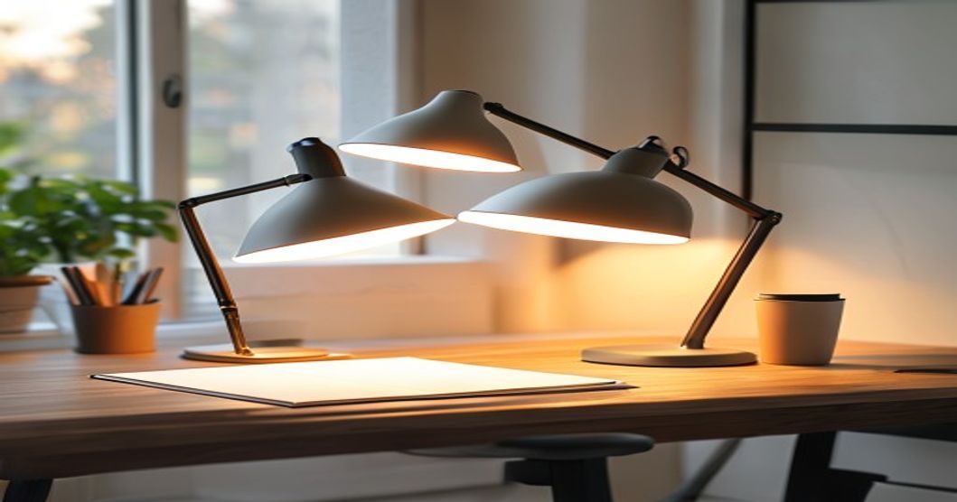 Modern adjustable desk lamp illuminating a clean workspace with warm, focused light for productivity
