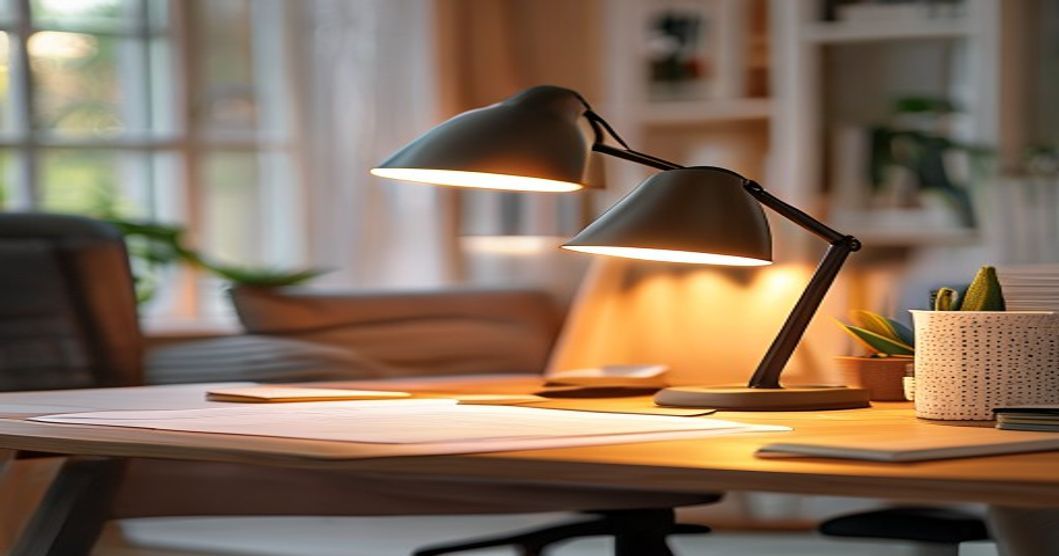 Modern desk lamp illuminating a home office workspace with warm, focused task lighting