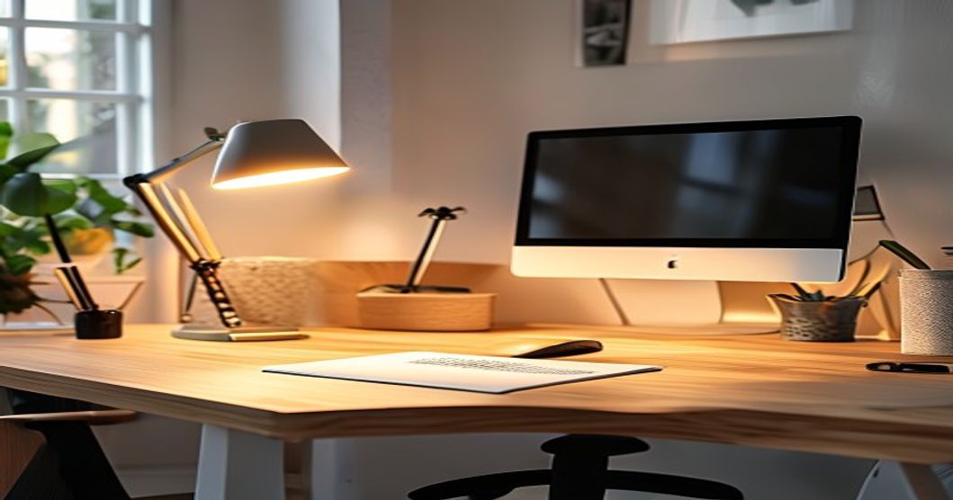 Modern desk lamp lighting a home office workspace with warm, focused task lighting