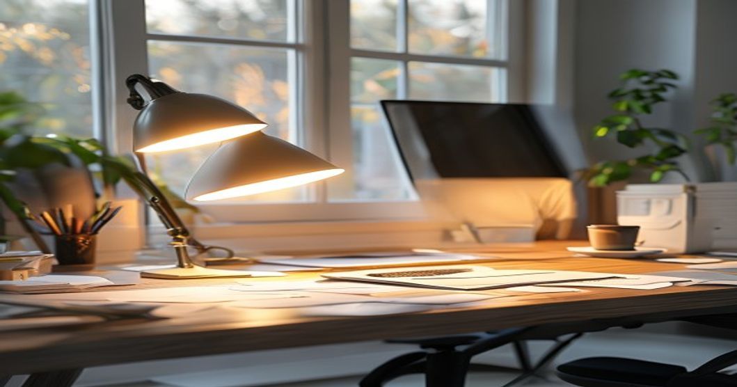 Best desk lamp for work and home office setup with warm lighting over workspace