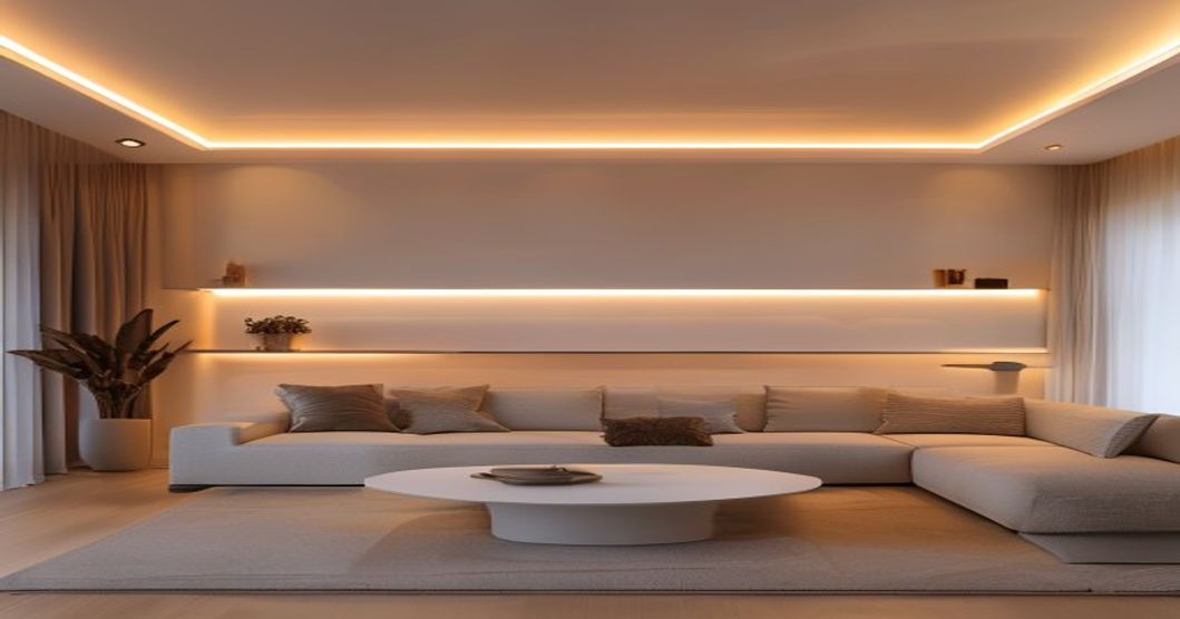 Best LED strip lights installed in a modern living room creating warm ambient lighting behind floating shelves and ceiling edges