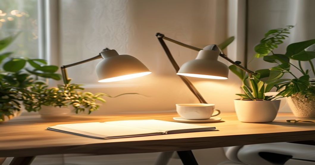 Modern desk lamp illuminating a home office workspace with books and plants