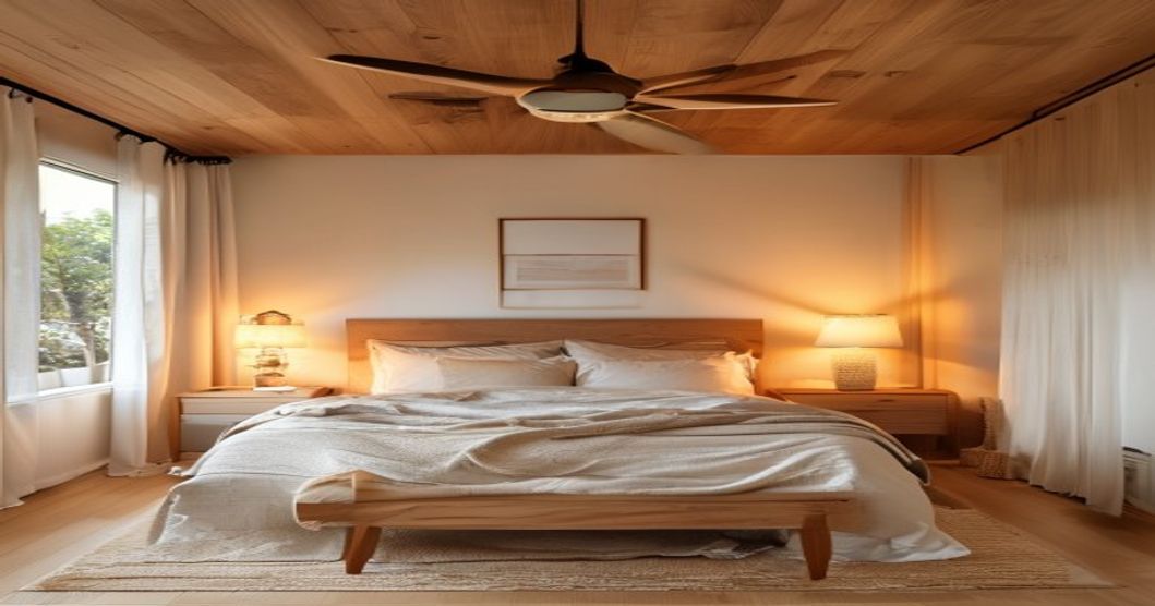 Best ceiling fans with integrated lighting for bedroom, warm cozy wooden interior