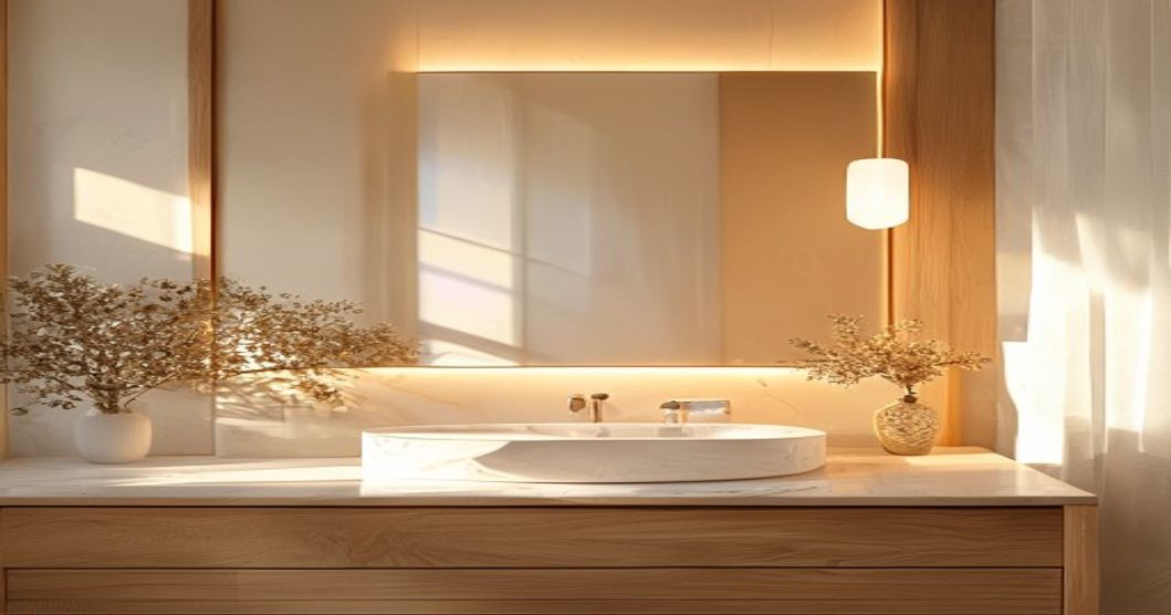 Bathroom vanity with warm dimmable smart bulb lighting creating a soft, inviting glow perfect for morning routines