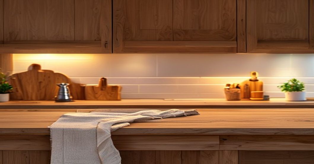 Cozy kitchen interior with smart under-cabinet lighting creating a warm glow