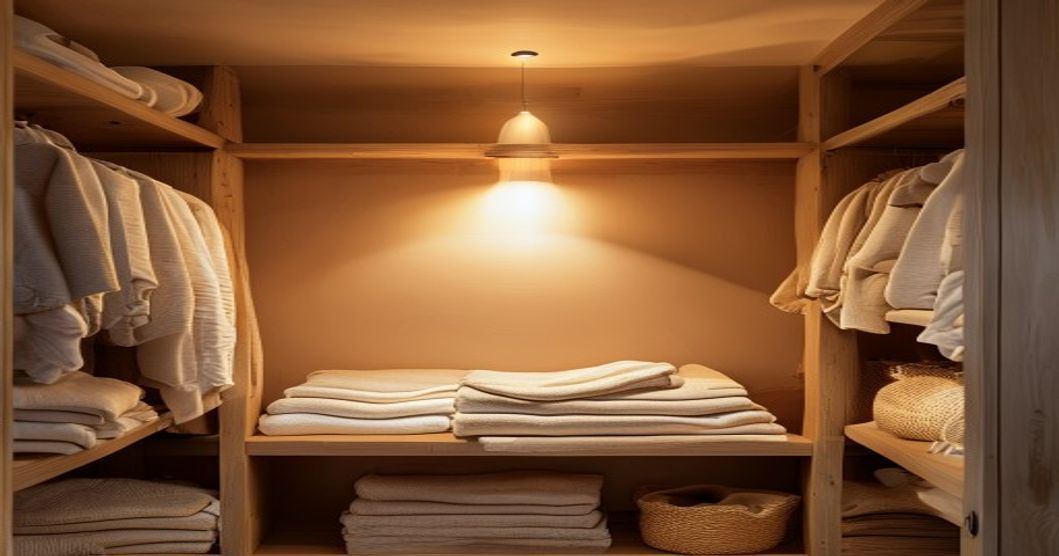 Cozy closet with soft warm white smart bulb lighting and motion sensor, wooden shelves with neatly organized clothing and natural linen
