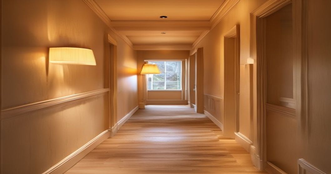 Warm hallway with soft smart bulb lighting and motion sensor setup for energy-efficient home lighting
