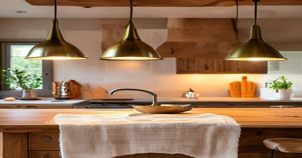 Best pendant lights for kitchen island with warm brass fixtures over wooden counter