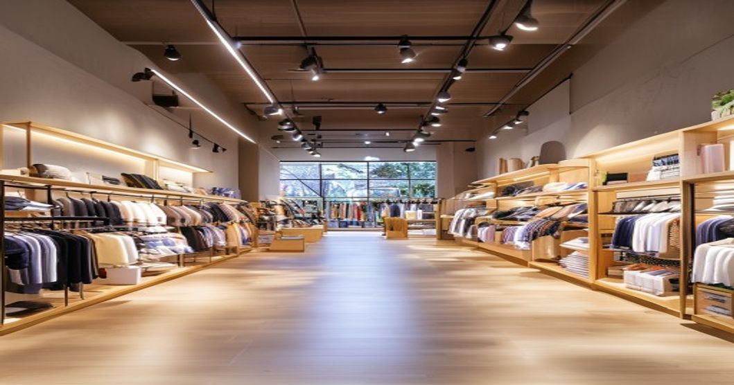 Best track lighting for retail spaces installed above merchandise displays in a warm, well-lit boutique store