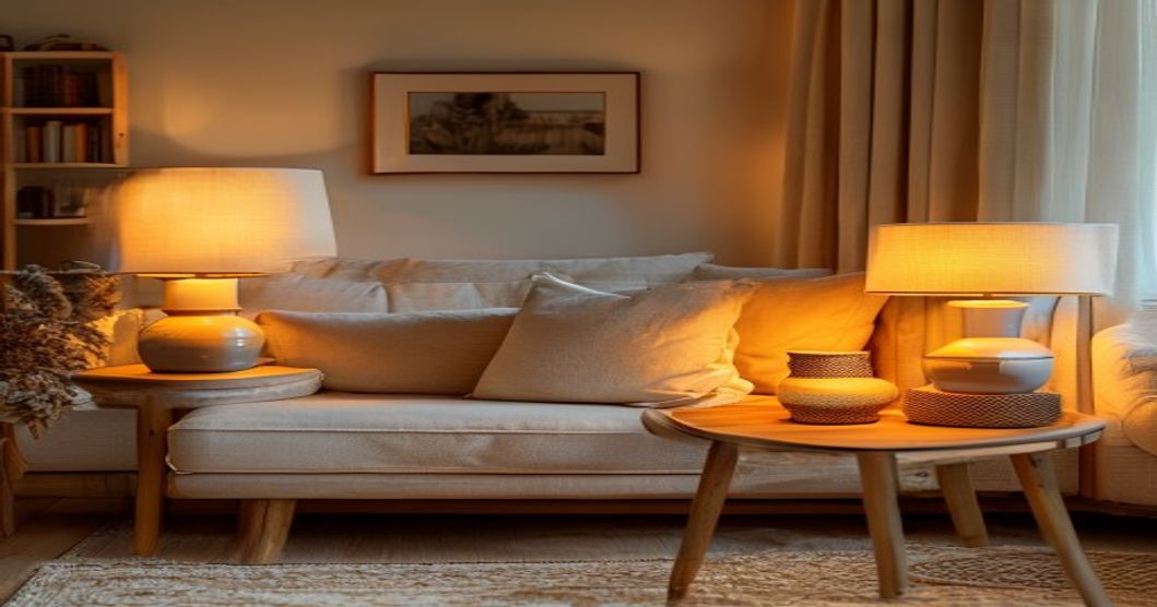 Best table lamps for living room ambiance creating warm, cozy lighting in a neutral interior