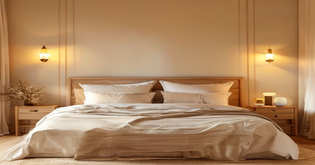 Warm bedroom with brass wall sconces on either side of wooden bed headboard, casting soft accent lighting