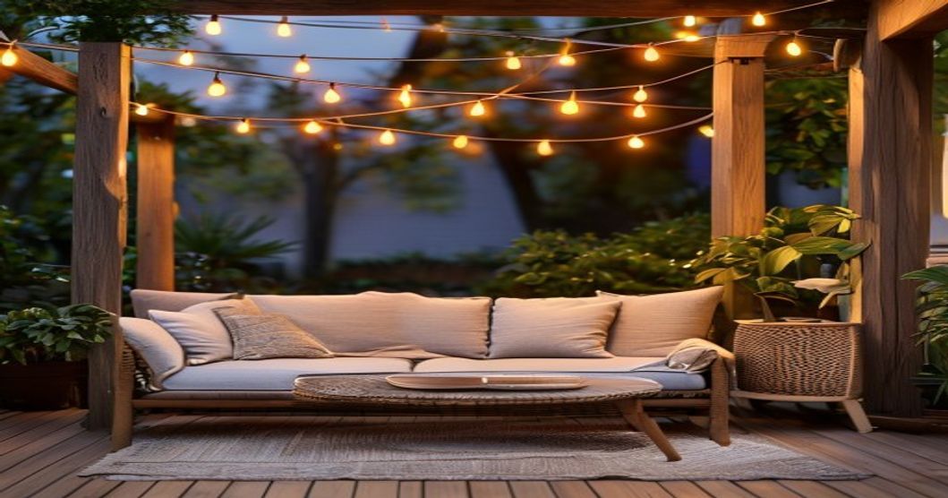 Best outdoor string lights for patio ambiance glowing warmly over a cozy backyard seating area