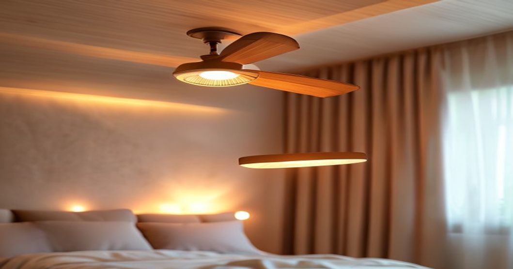 Ceiling fan with integrated LED lighting in a cozy bedroom setting