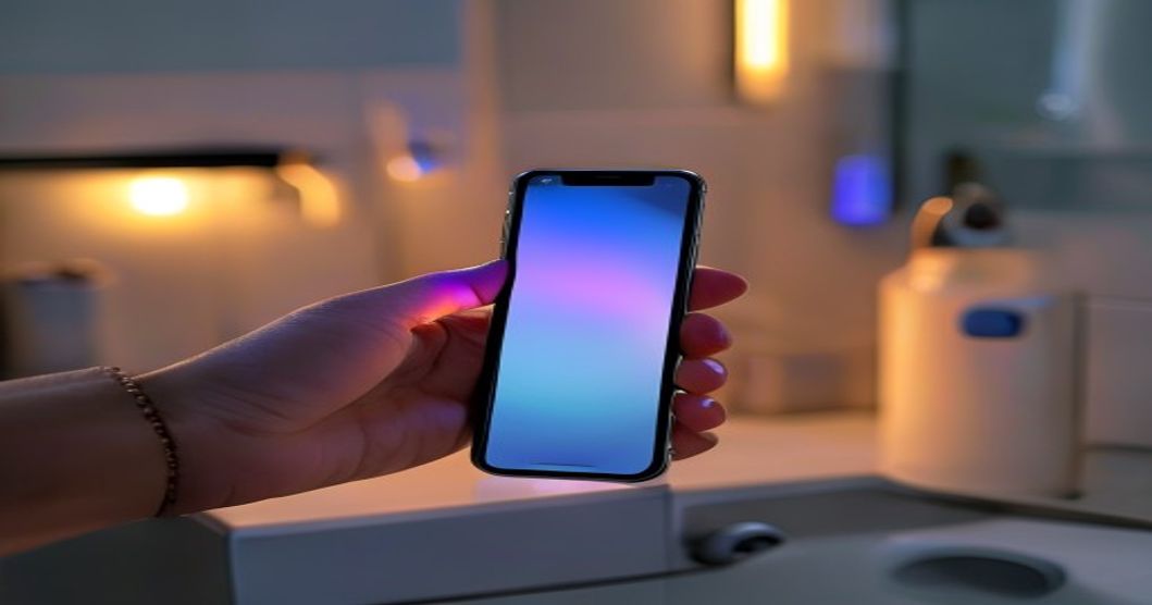 Smart bulb app on phone adjusting color temperature and dimming for bathroom vanity lighting