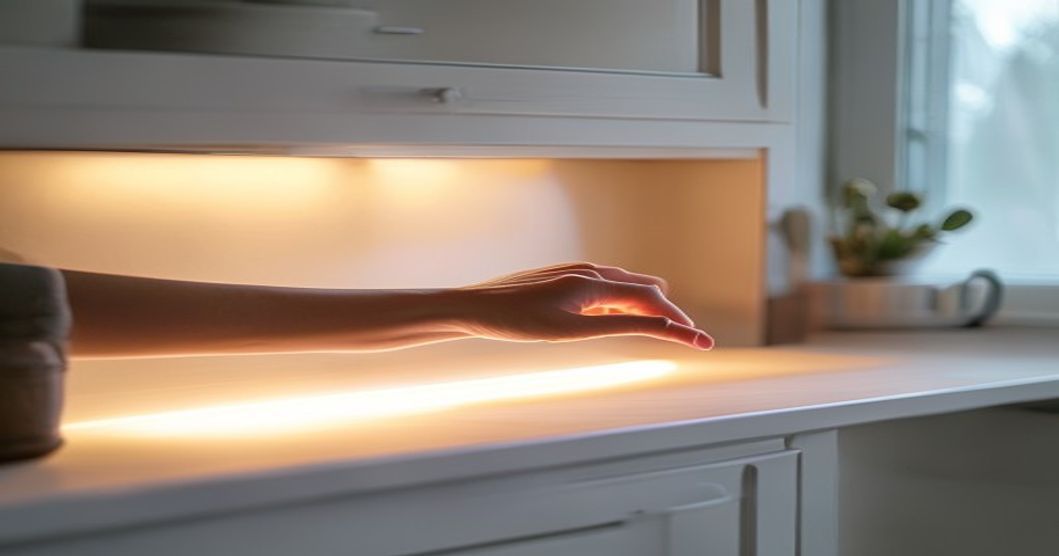 Smart under-cabinet light installation detail with motion sensor activation