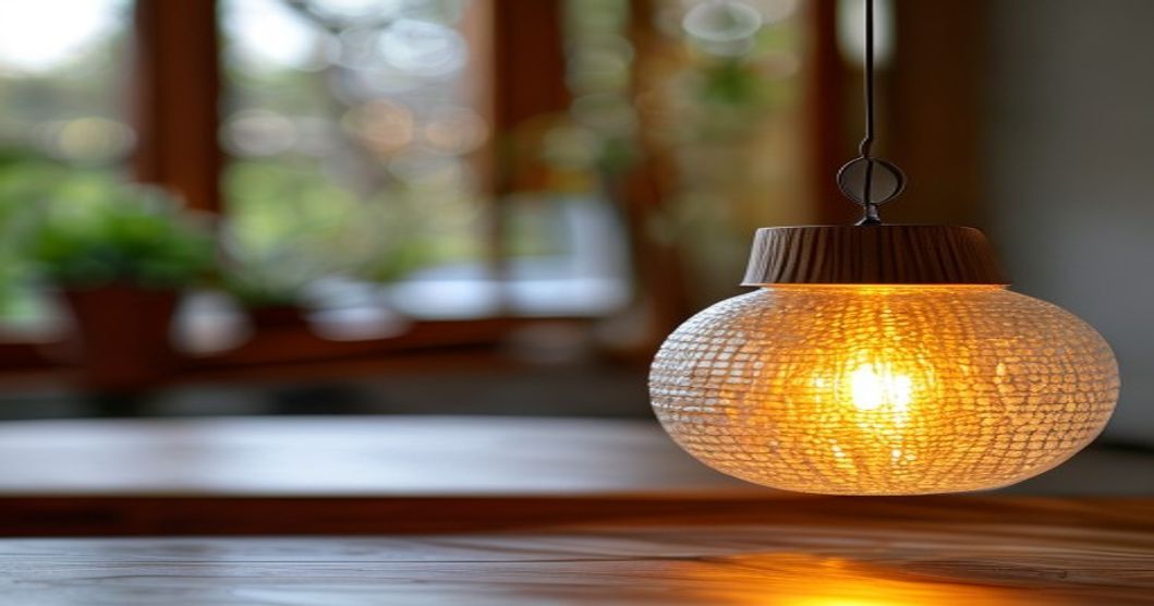 Close-up detail of pendant light fixture showing warm bulb and shade quality