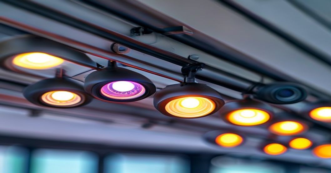 Track lighting fixture comparison showing adjustable heads on aluminum rail for retail applications
