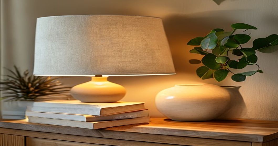 Detail shot of a ceramic table lamp base showing texture and warm light quality for living room