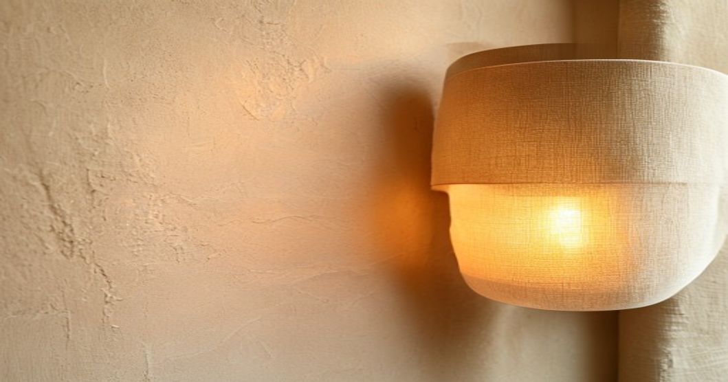 Ceramic wall sconce with warm light detail, showing mounting and shade texture