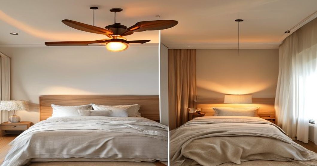 Before and after bedroom upgrade with ceiling fan and integrated lighting