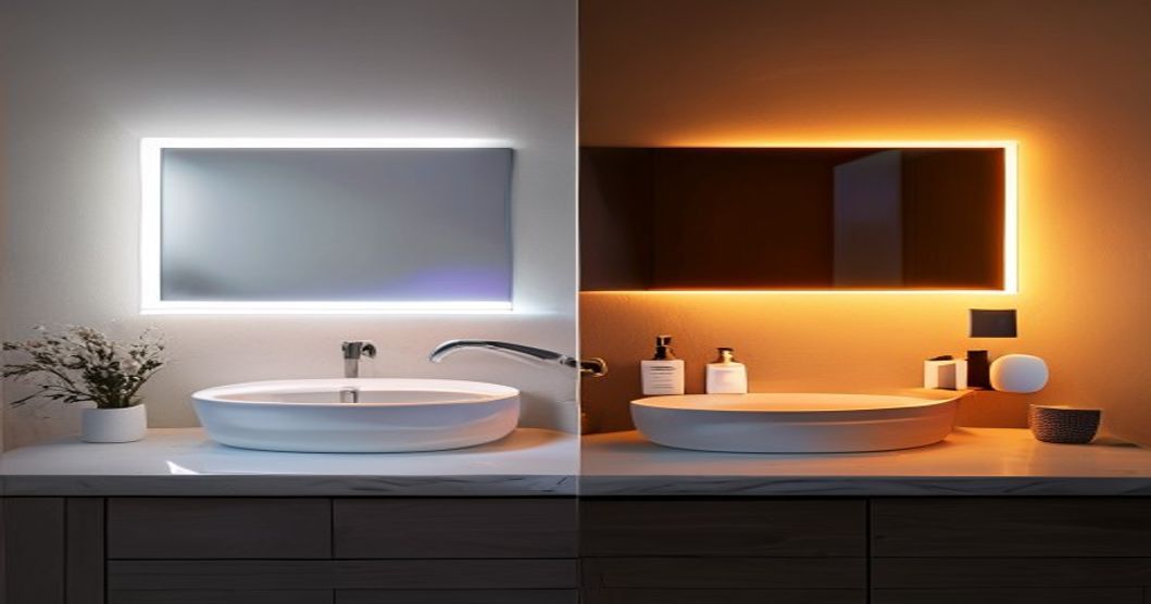 Before and after bathroom vanity lighting comparison showing the transformation with dimmable smart bulbs