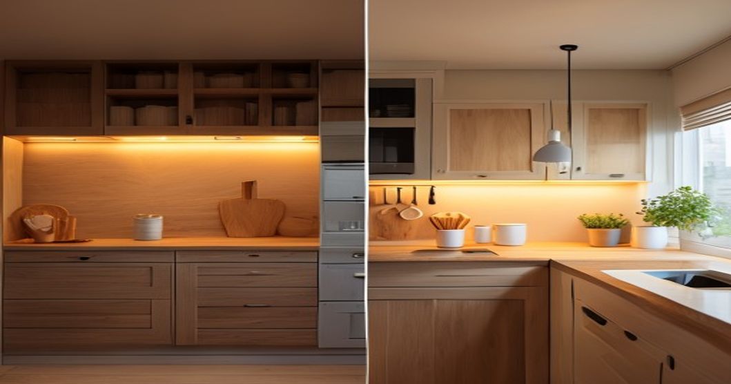 Kitchen transformation showing the difference smart under-cabinet lighting makes