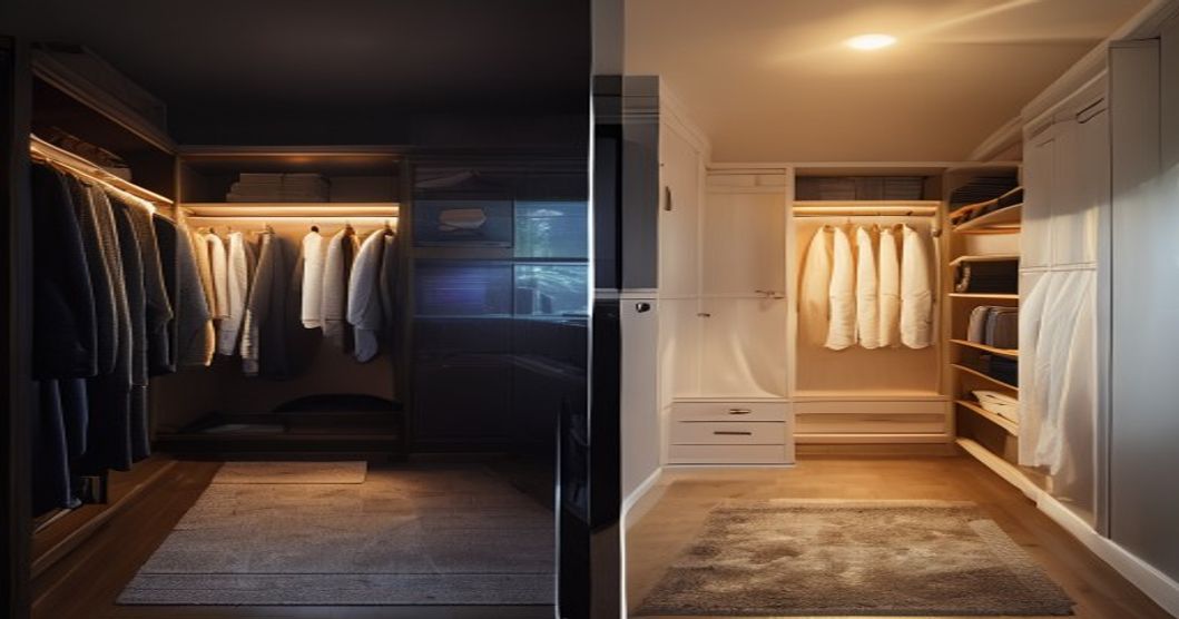 Before and after closet lighting transformation with motion sensor smart bulb