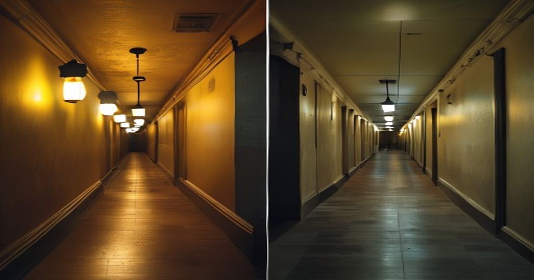 Before and after comparison of hallway lighting with traditional bulbs versus smart motion sensor bulbs