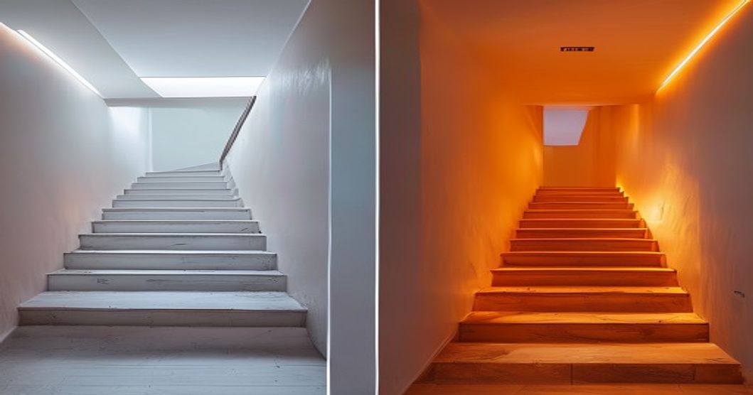 before and after staircase lighting transformation using color-adjustable smart bulbs