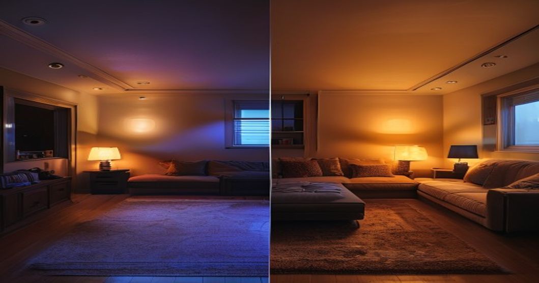Before and after comparison of basement lighting transformation using shallow recessed lights