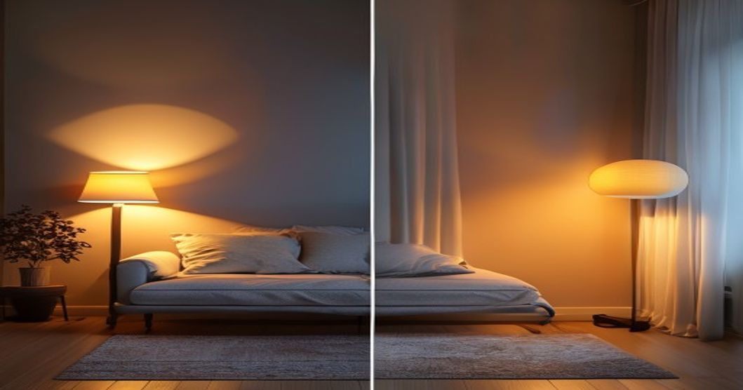 Bedroom before and after with proper floor lamp lighting for reading