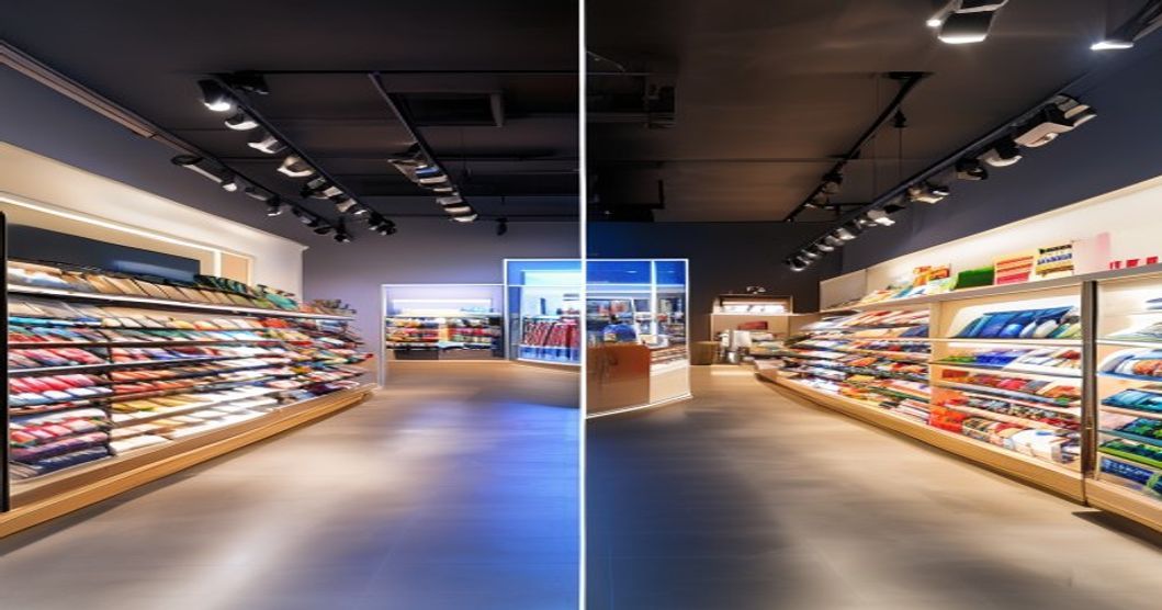 Retail display before and after track lighting installation showing improved product visibility