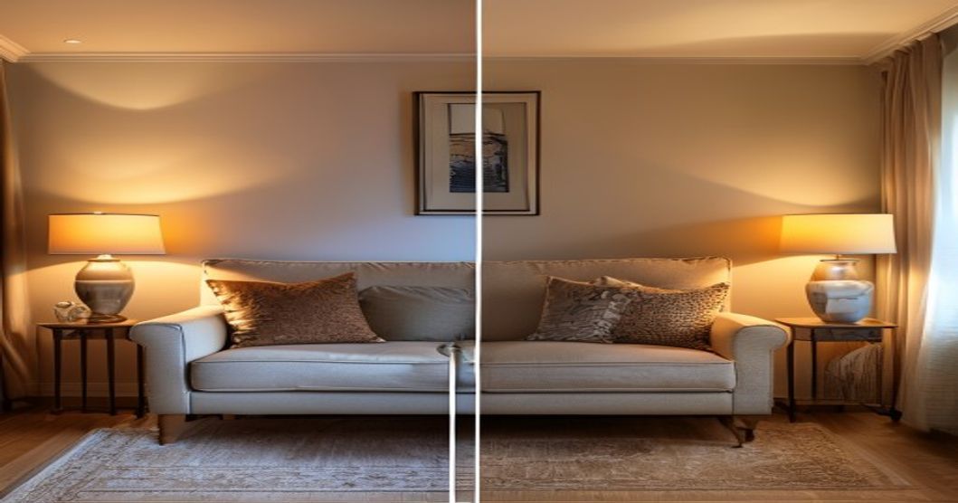 Living room transformation with strategic table lamp placement for ambiance and comfort