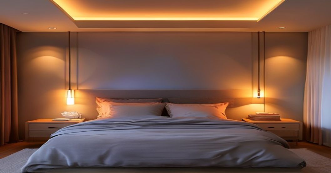 Bedroom demonstrating layered lighting with adjustable wall sconces for accent and task lighting