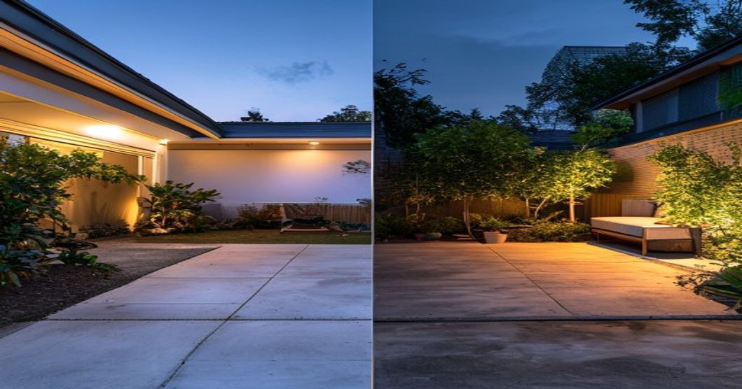 Before and after patio transformation with outdoor string lights for backyard ambiance